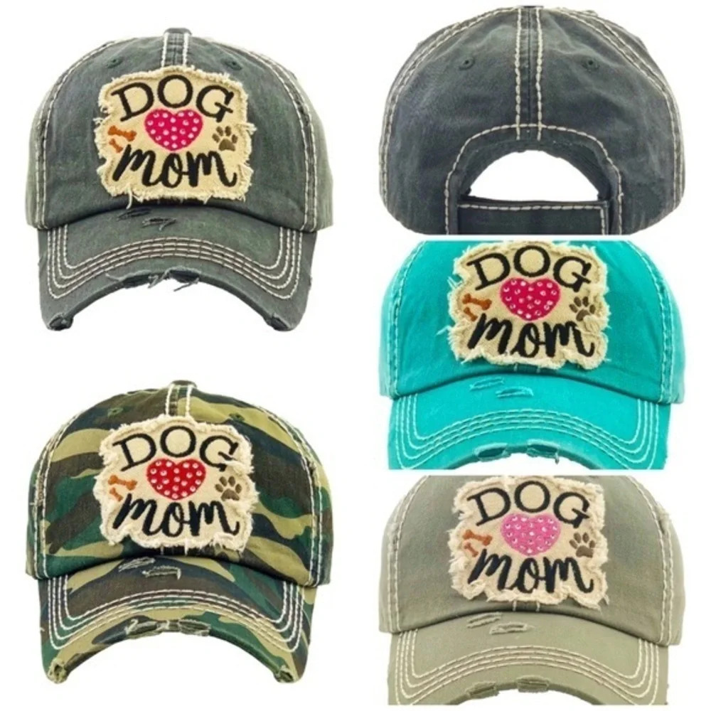 Boutique NWT Rhinestone 'Dog Mom" distressed baseball cap western boho
